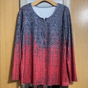 Women’s Long Sleeve Zip-Front Ombre Top in Red Gray Blue size Large